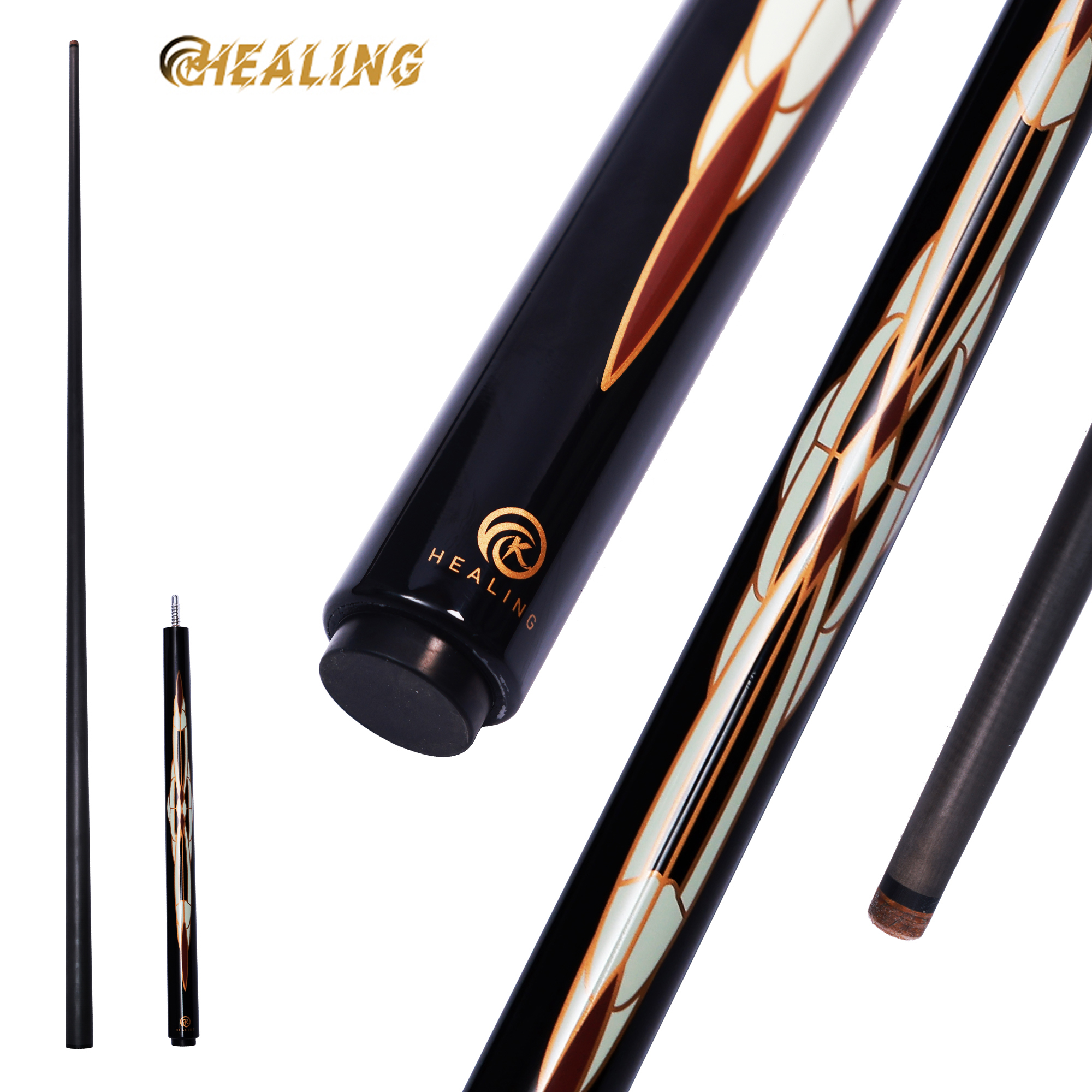 OKHEALING 3/4 Split Radial Pin Jointed Snooker Billiard Pool Cue Handmade Carbon Fiber Shaft 2 Piece Tips 10.5mm Full Size 57" with Asstd Weights
