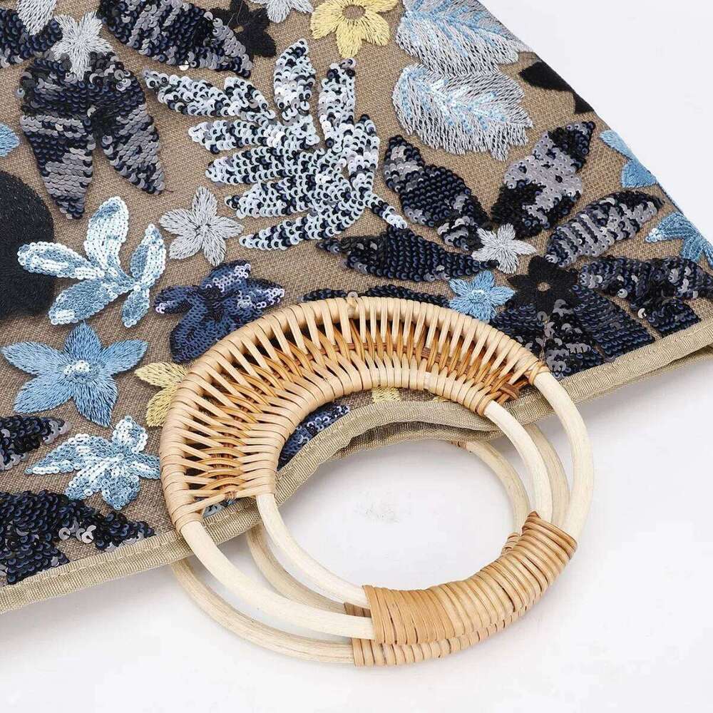 Flower Sequins Handbag Round Rattan Handle Beach Bags for Women Large Embroidery Basket Bag Travel Shopper Tote