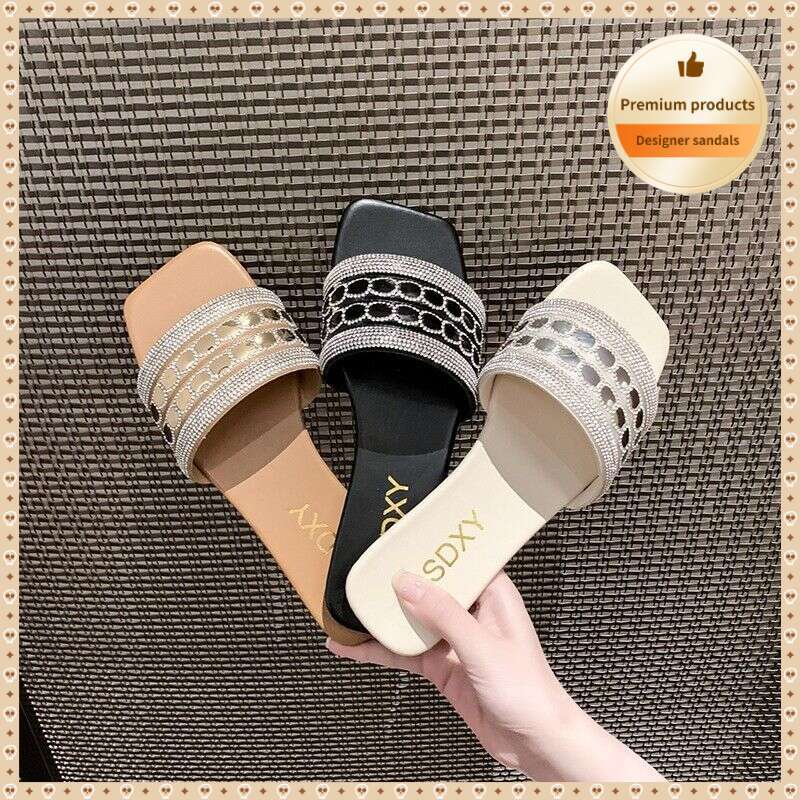 Comfortable Flat Bottomed Sandals For Women One Line Women's Sandals 2025 New Summer Designer Sandals Plus Size Fashionable Rhinestone Slippers F