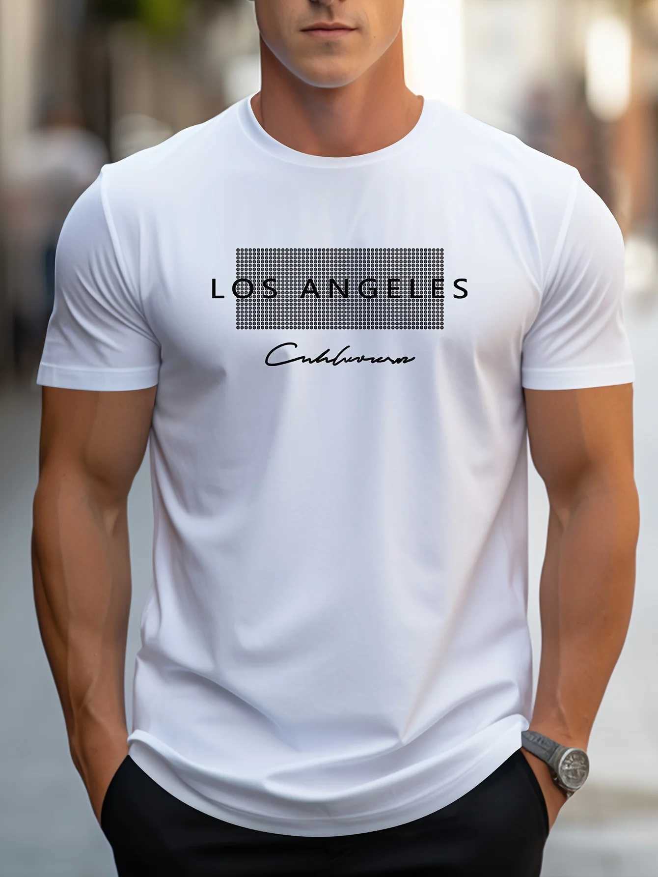 Mens 100% cotton summer loose fit large Los Angeles Graphic printed slim fit casual sports round neck short sleeved T-shirt top Z250527