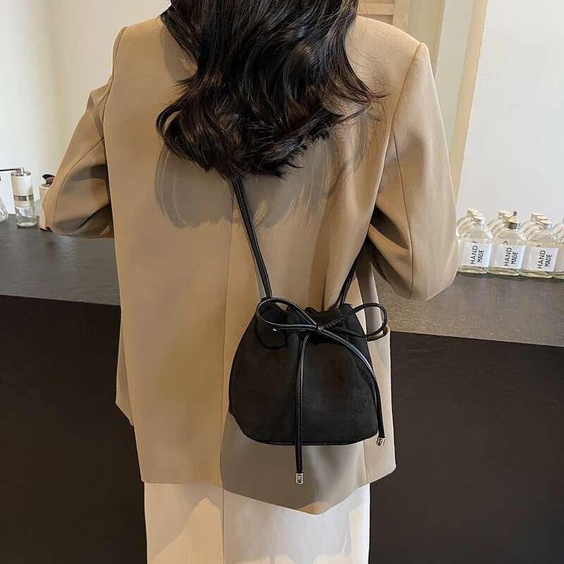 Women Faux Suede Bucket Fashion Tote Large Capacity Trendy Satchel Solid Color Drawstring Shoulder Chic Hobo Bag