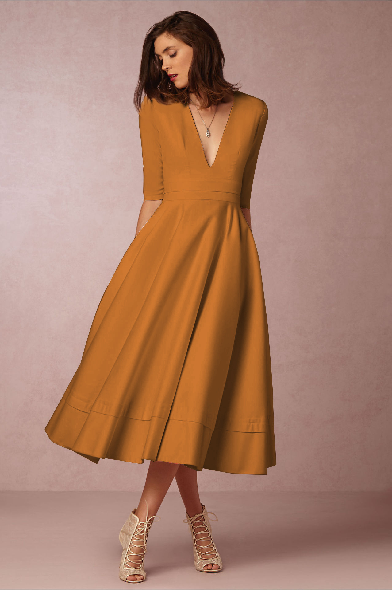 Spring and summer new sexy deep V-sleeve dress mid length dress