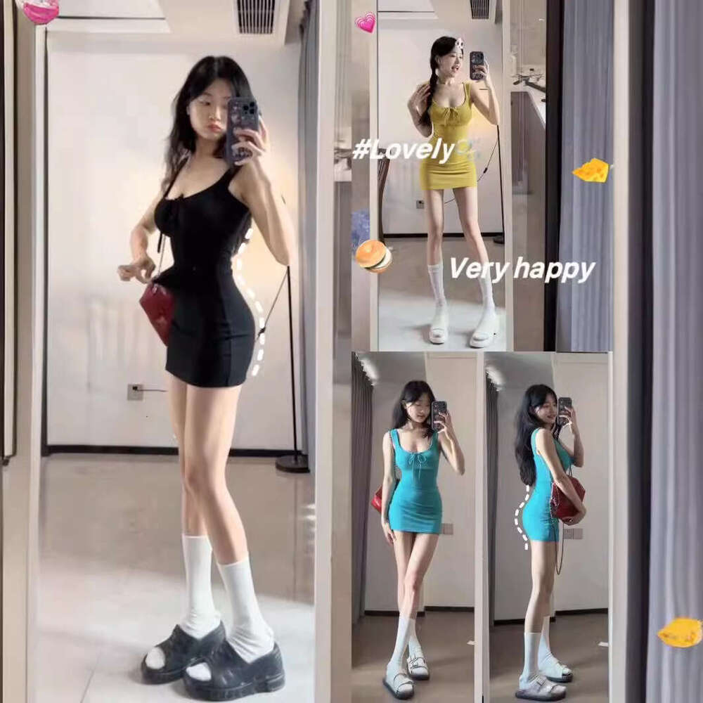 Spicy Girl High Waist Drawstring Bowknot U-neck Vest Pure Desire Bodycon Short Slimming Pear-shaped Body Outfit Dress