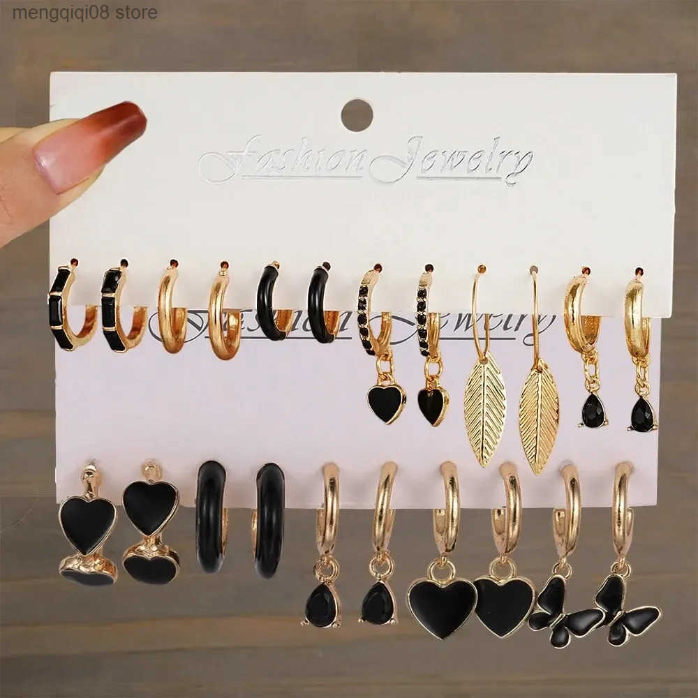 Simple 11 Pcs Black Heart Leaf Butterfly Earrings Set for Women Fashion Temperament Hoop Earring Holiday Wedding Jewelry Gift L250527