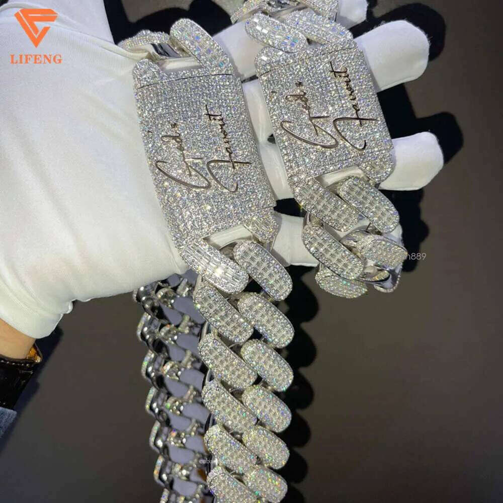 Lifeng Jewelry 30mm Width Vvs Moissanite Link Baguette Dia Sterling Sier Cuban White Gold Necklace Custom Chain