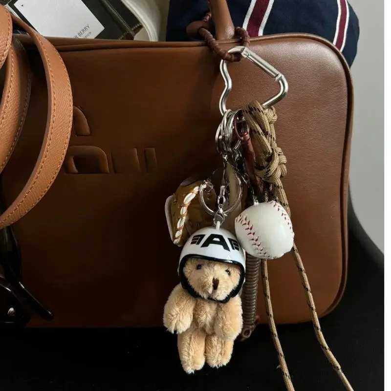 Trendy Cute Motorcycle Helmet Bear Doll Couple Keychain Pendant Plush Bear Toy Car Keyring Backpack Decoration Bag Charm Jewelry W250526