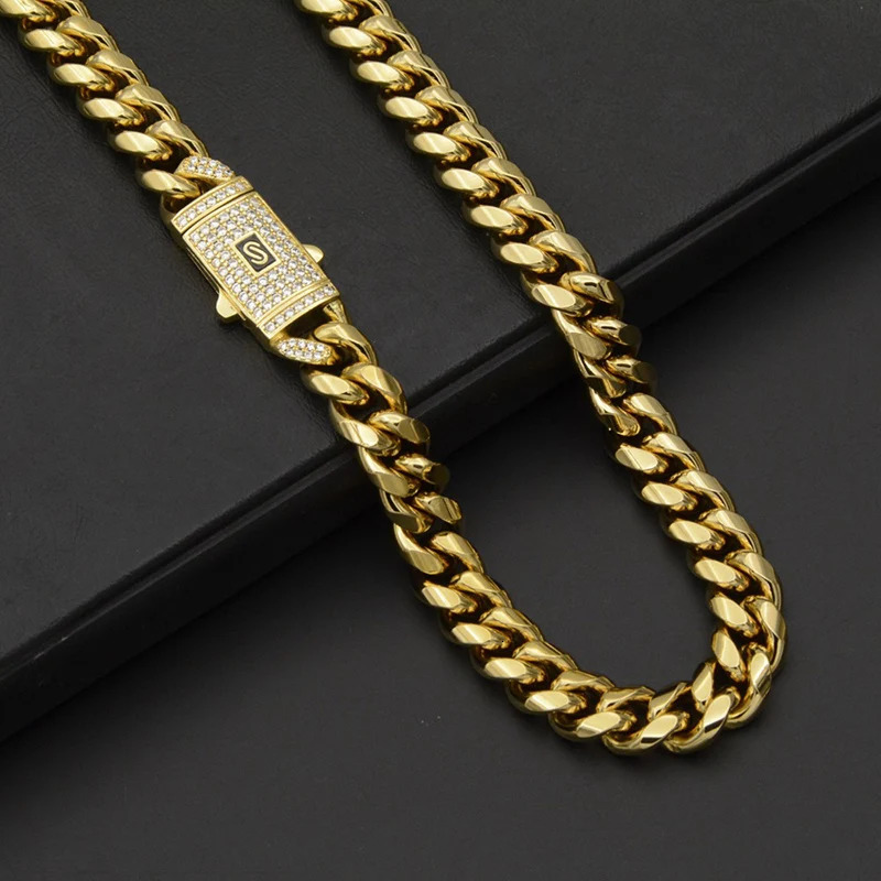 Hip Hop Bling Iced Out Gold Color Stainless Steel CZ Cuban Miami Chain Necklace Link Chain for Men Rapper Jewelry 250526