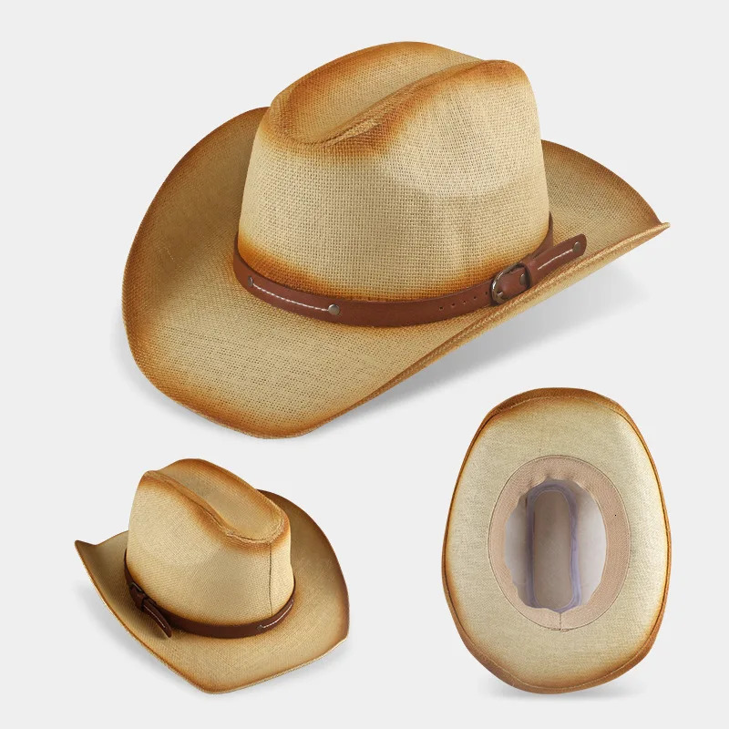Hollow Out Straw Western Cowboy Hat for Men Women Summer Curling Brim Beach Sun Hats Panama Cowgirl Hats Outdoor Fishing Hat 250526