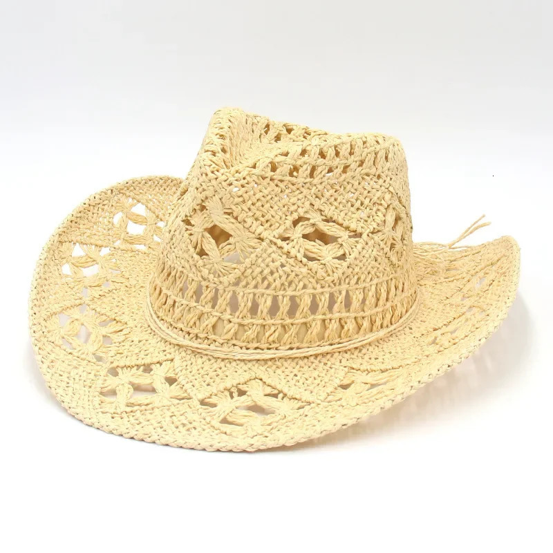 Hand woven western cowboy hats for women black straw hat men summer flanging sun visor hat hollow sombreros beach hat 250526