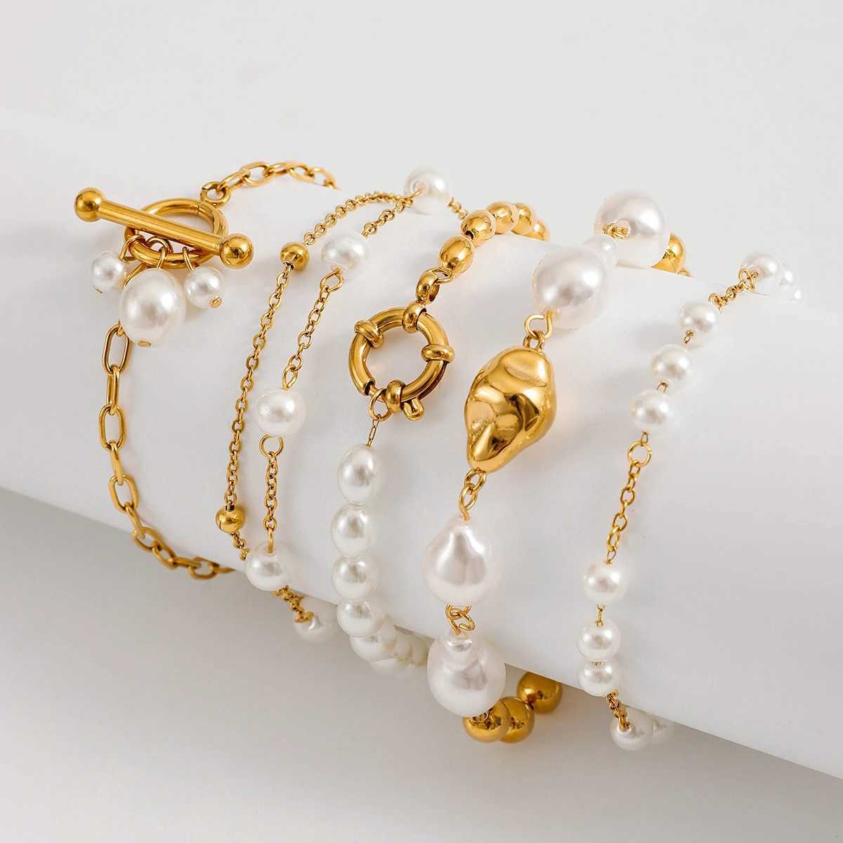 18K Gold Plated Bead Chain Irregular Shaped Glass Pearl Bracelet Chain Women Stainless Steel Rust Proof Anti Allergic Jewelry W250526