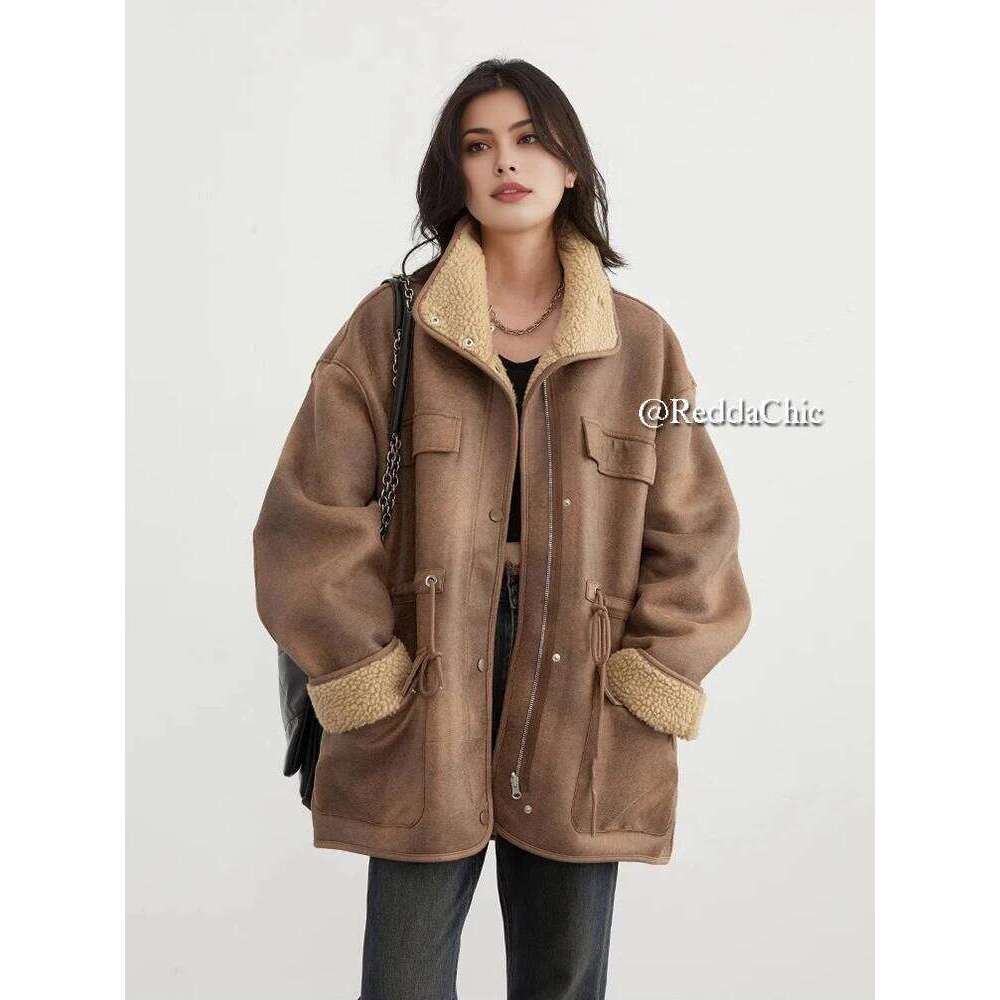 Reddachic Korean Reversible Bomber Jacket Women Work Casual Drawstring Brown Leather Fleece Oversize Coat Retro Winter Outerwear