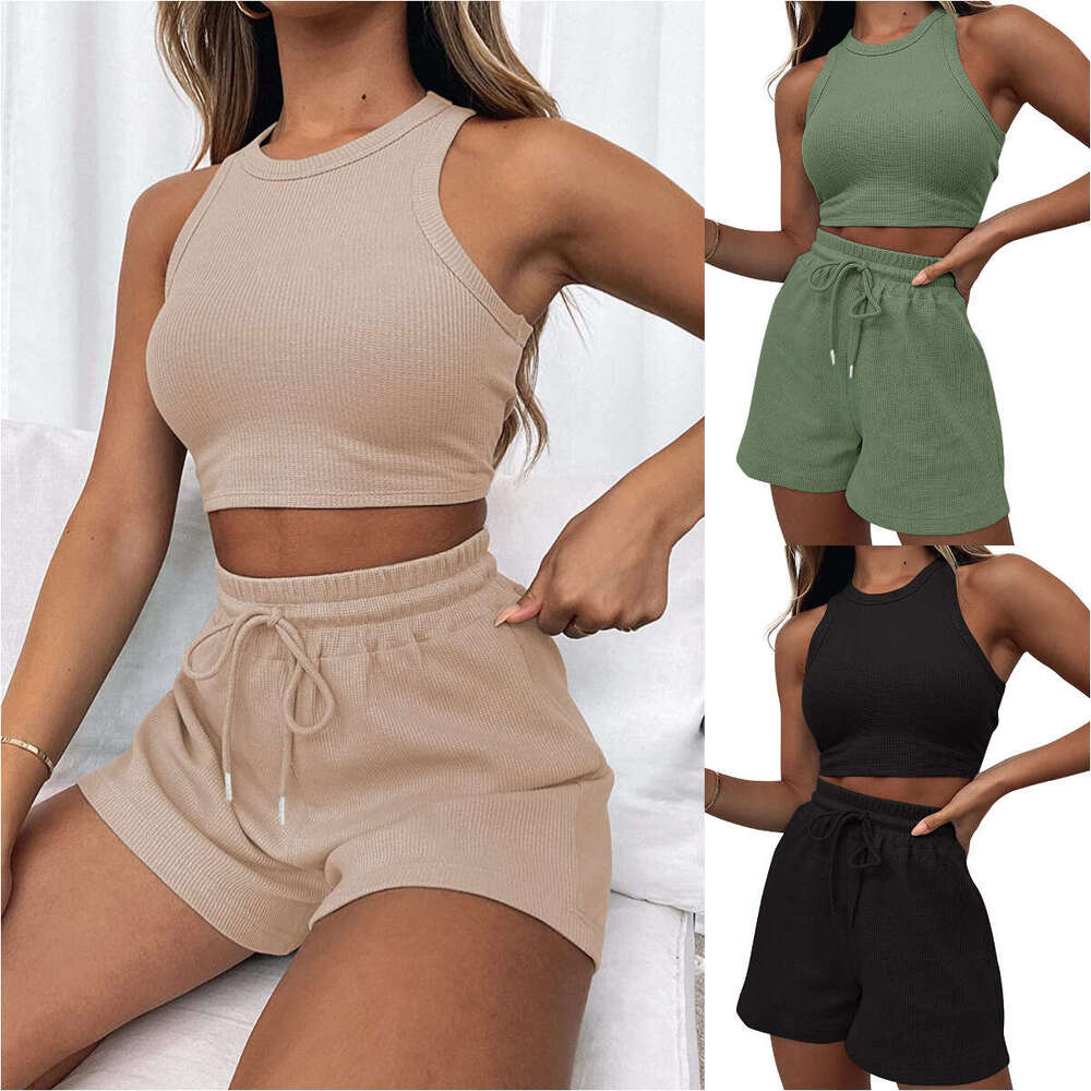 2025 Summer New Sleeveless Waffle Solid Color Vest Fashion Casual Short 2-Piece Set for Women