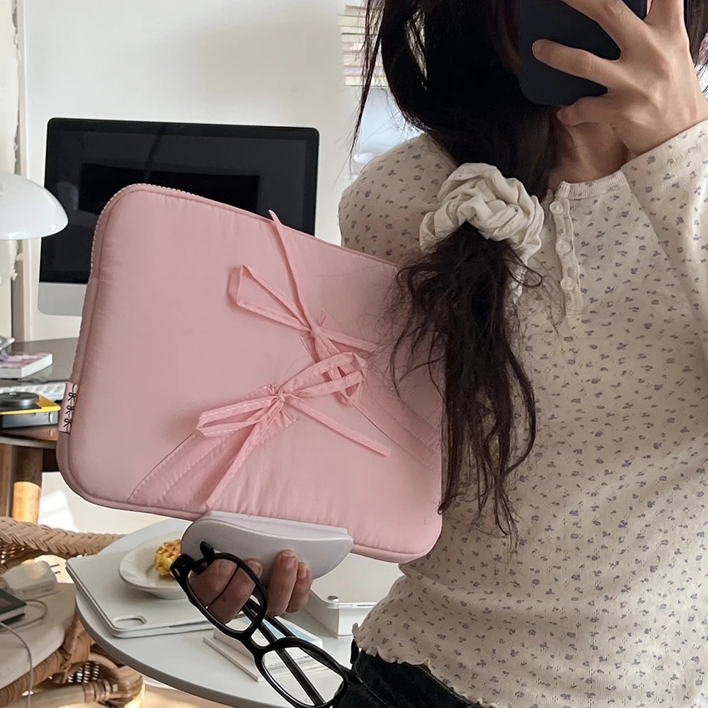 Cute Bow Laptop SLeeve Fluffy Padded Case For MACbook 13.3 13.6 14 15 15.6 16 Ipad 9-11 Inch Tablet Pouch 250526