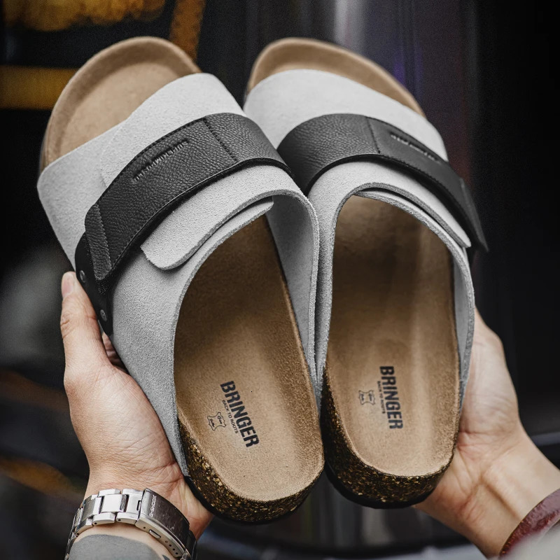 Maden Casual Color-Block Mules Mens Summer Cork Sole Slide-On Sandals with Hook and Loop Closure Breathable Outdoor Shoes 250526