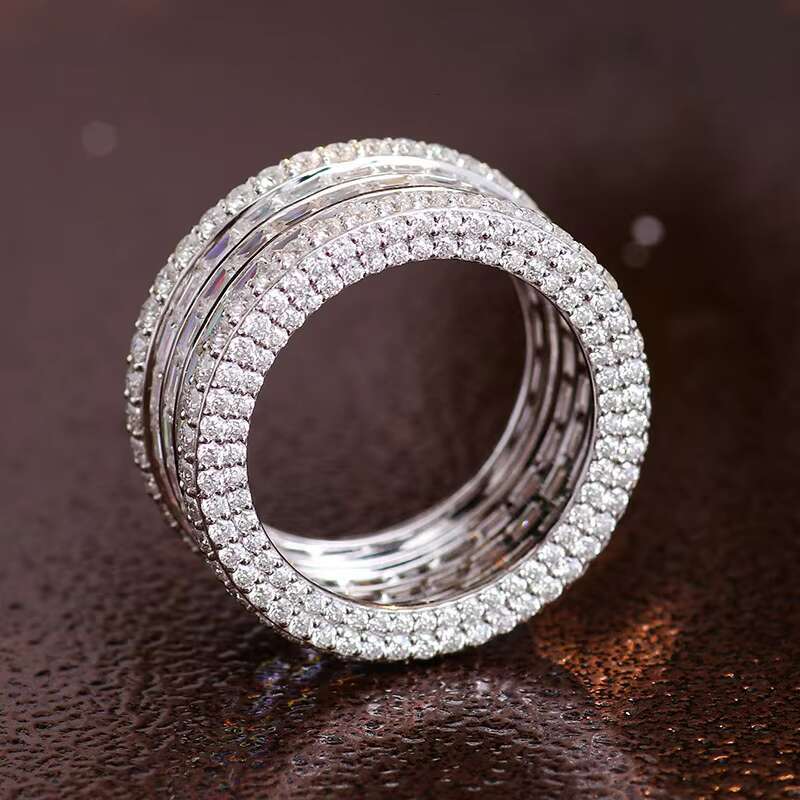 925Silver Men Moissanite Band With D Color VVS Three Rows Stone Ice Out Round Brilliant Cut Loose Diamond Hip Hop Ring Custom
