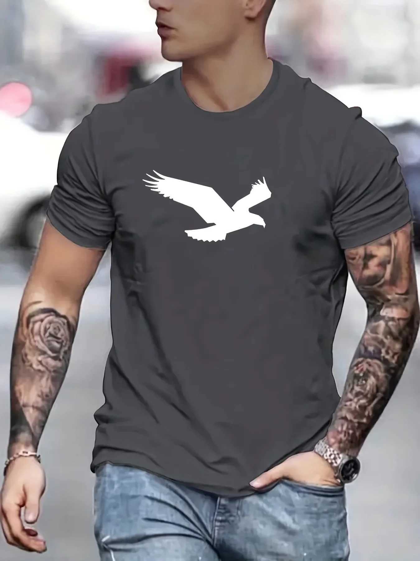 Mens Summer Loose Size 100% Cotton Eagle Pattern Printed Round Neck Short Sleeve Breathable Casual Fashion T-Shirt T-shirt Top Z250527