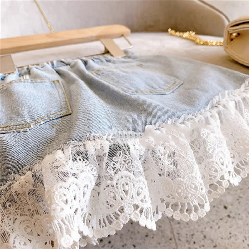 312 year old girls short skirt summer loose denim half solid color sweet lace patchwork skirt 250527
