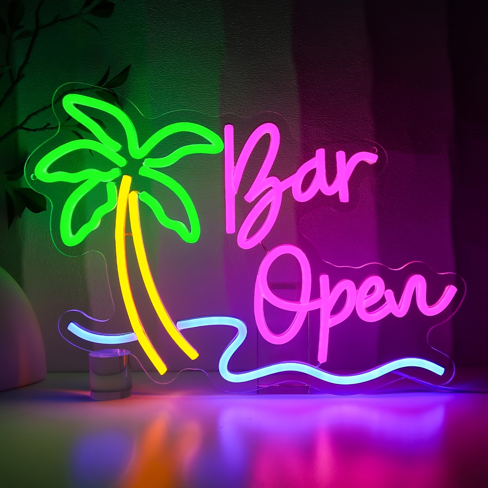 BAR open Tropic Neon Sign Palm Tree Neon Signs for Wall Decor Hawaiian LED Neon Lights Coconut Tree Tropic for Bedroom Bar Party Men Cave Game Room Se