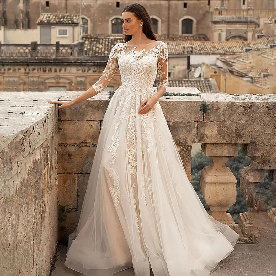 2025 Classical Champagne A-line Wedding Dresses Tulle Sweetheart O Neck Appliques Backless Half Sleeves Bridal Gown Vestidos De Novia Customized
