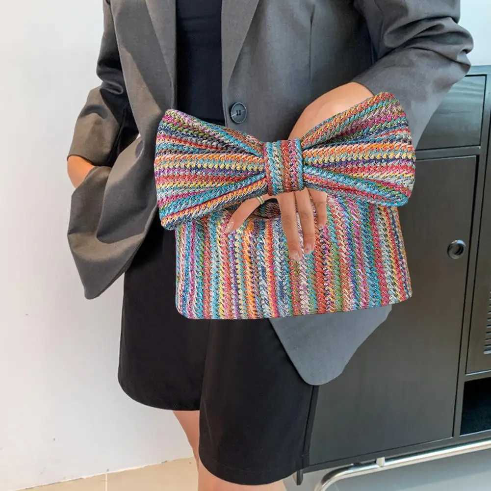 Bow Clutch Bag Bohemian Style Straw Bow Purse with Shape Clutch Foldable Handle Zipper Closure Handbag for Summer Beach Vacation W250527