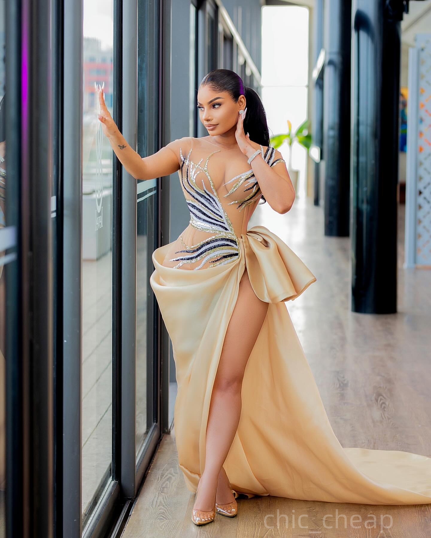 Champagne Mermaid Prom Dresses 2025 Organza Sequined High Split Evening Formal Party Second Birthday Engagement Gowns Plus Size Dress For Special Occa