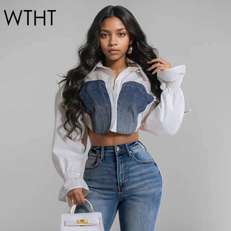 WTHT Trendy Fashion Womens Patchwork Denim n Short Shirt 2025 Spring Flare Long Sleeve Blouse Female 1LS697 250523