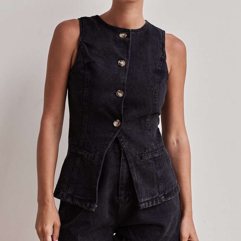 2025 Spring/Summer New Fashion Sleeveless Waist-Cinching High-Waist Loose Denim Shorts Set