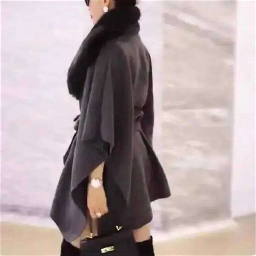 5 Colors Women Outstreet Poncho Wear Winter Thick Cardigan Big Rabbit Fur Turn-down Neck Long Cloak Front Tie Belt Loose Coat