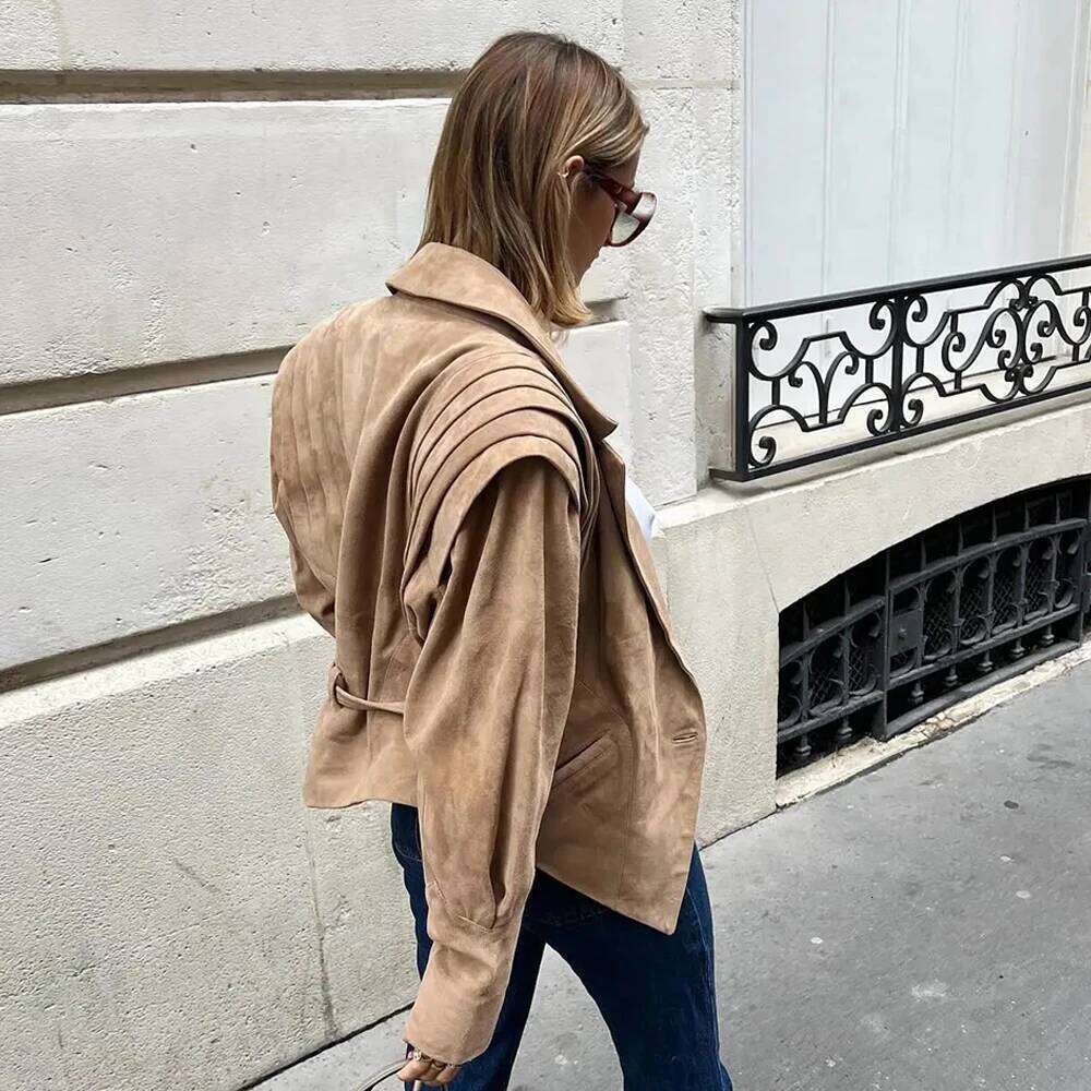 Women High Street Leather Jacket 2024 Autumn Winter Versatile Brown Long Sleeves V-Neck Lace-Up Coats Causal Chic Female Outwear