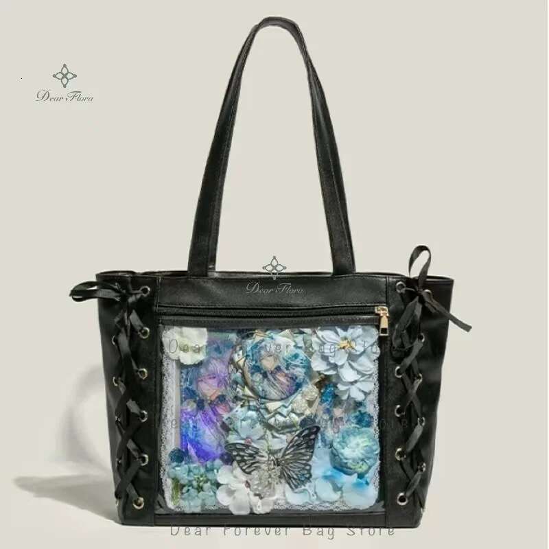 Y2k Japanese Style Ita Women Large Capacity Tote Fashion Girls Transparent Shoulder Bag Cute PU Ribbon Bow Handbag Purse