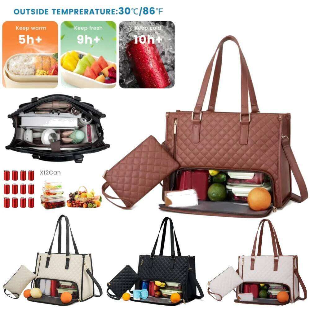 Women Lunch Tote Multi-Function Laptop Bag Multi-Compartment Quilted Handbag With Purse Large Capacity For Food Fruits