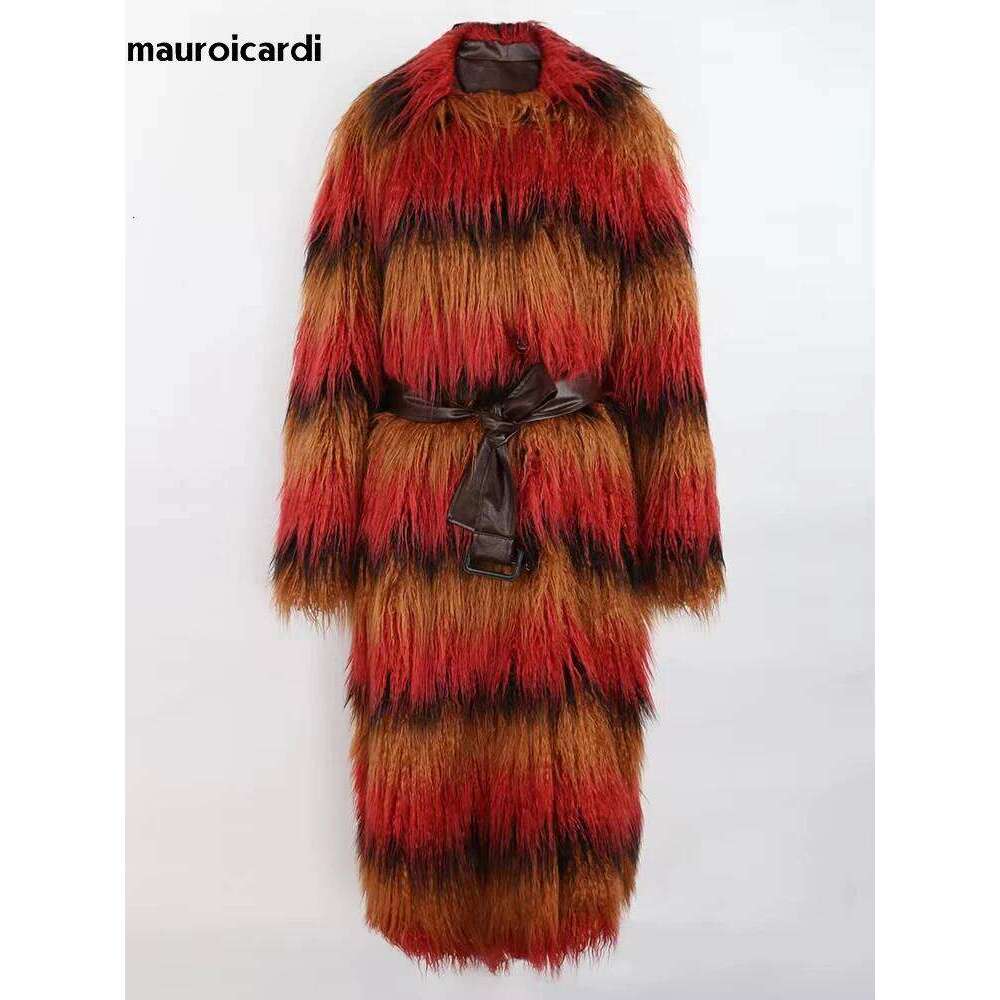 Mauroicardi Winter Long Colorful Striped Thick Warm Pu Leather Patchwork Faux Mongolian Fur Coat Women Fluffy Overcoat