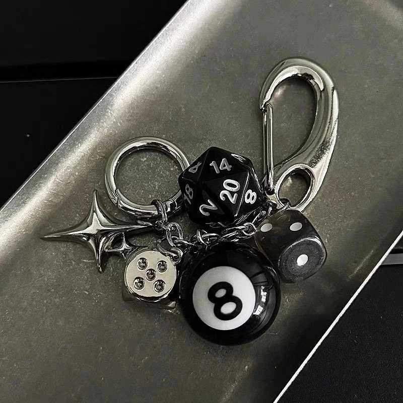 Hip Hop Black Dice Billiards Keychain Y2K Pink Lucky Dice Starburst Pendant Bag Charms Hangings Punk Cool Ornament Accessories W250526