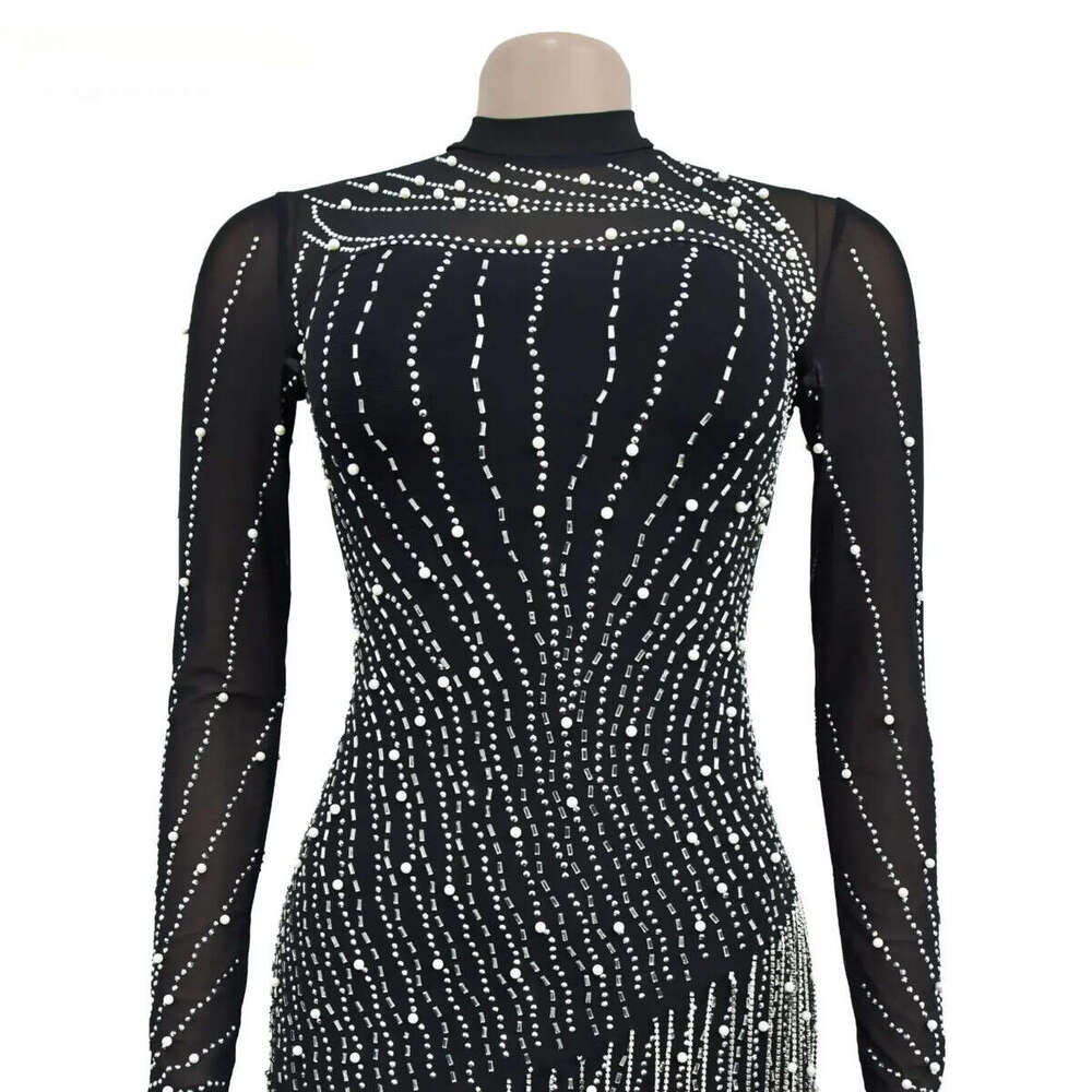 Women Mesh See Though Dias Hot Rhinestones Pearl Tassel Bodycon Midi Dress 2023 Vestidos Sexy Party Evening Dresses
