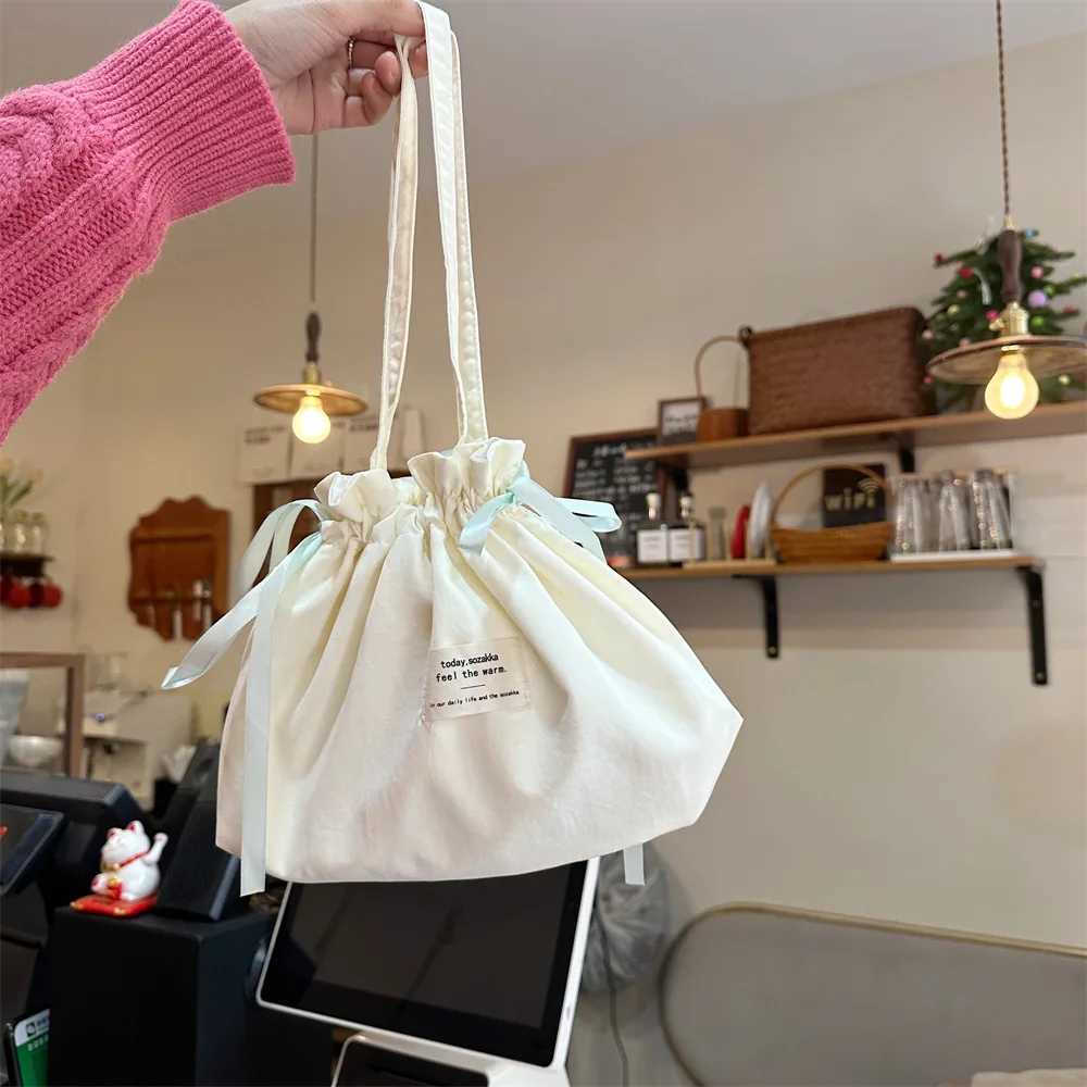 Solid Color Bow Ribbon Handbag Large Capacity Small Tote Bag Simple Shoulder Bag Handheld Bag Lightweight Drawstring Bag Casual W250527