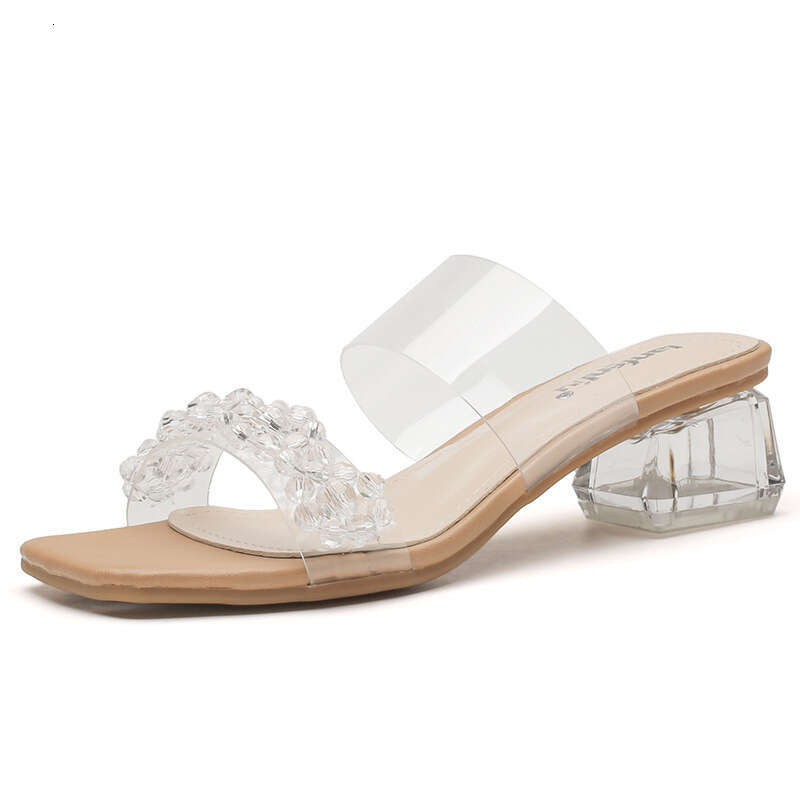 Transparent Sandals High Heels 2025 Summer New Mid-Heel Fashion Crystal Chunky Heel Outdoor Rhinestone Slippers for Women