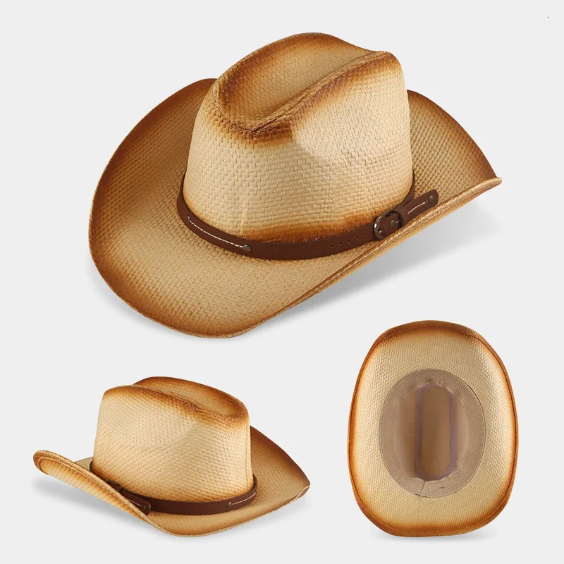 Hollow Out Straw Western Cowboy Hat for Men Women Summer Curling Brim Beach Sun Hats Panama Cowgirl Hats Outdoor Fishing Hat 250526