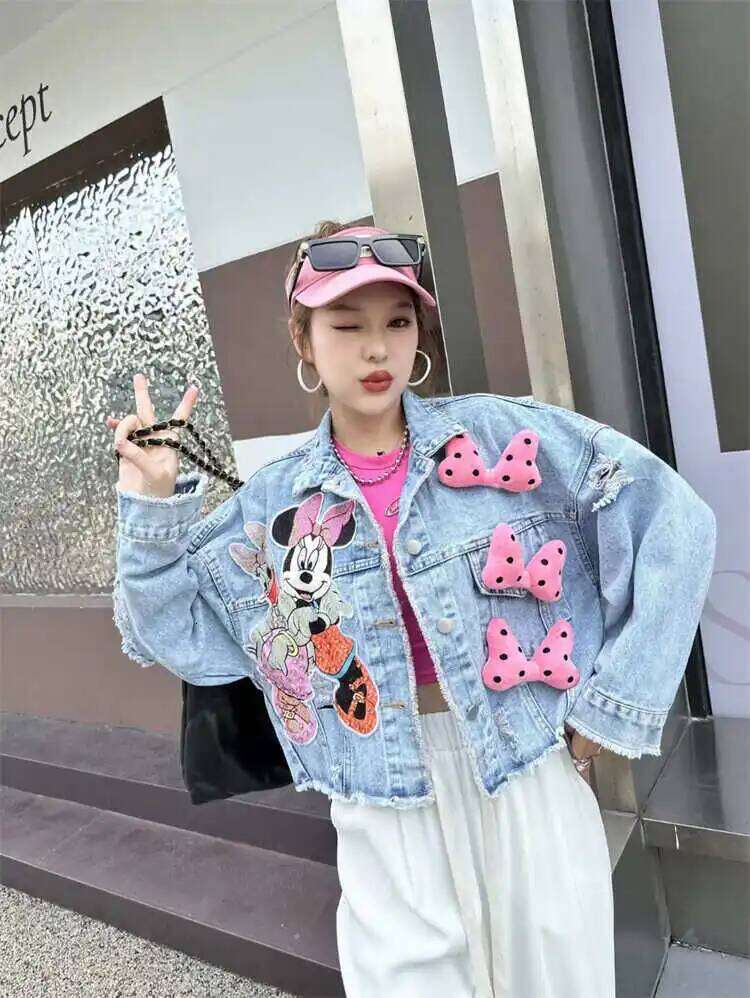 Sweet Bowknot Loose Short Denim Coat 2024 Spring Autumn Fashion Brand Heavy Industry Cartoon Beaded Sequins Jackets For Women