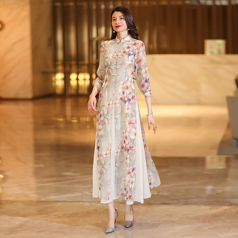 Women's Elegant Sleeveless Chiffon Cheongsam Dress - Traditional Silken Beauty