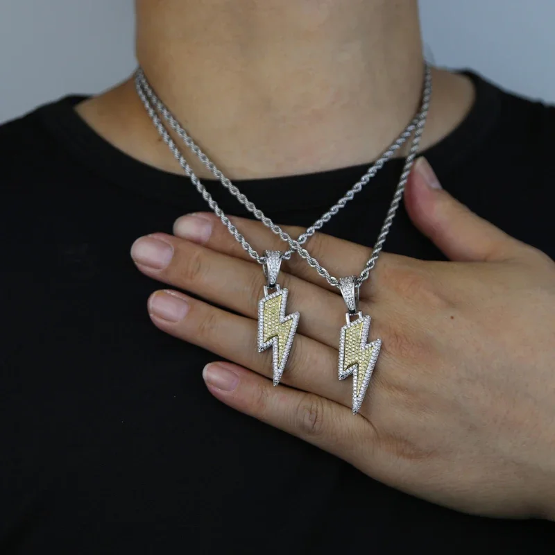 sdzstone 2025 New design Lightning Pendant Necklace Ice Out Bling Tow Tone Color Cubic Zircon Charm Men's Women Hip Hop Fashion Jewelry