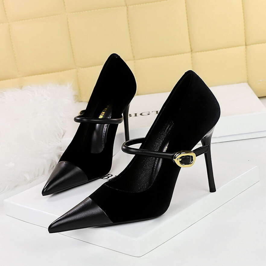 Banquet high-heeled suede pointed metal buckle single strap single shoe fashionable high-end women's high-heeled sandals