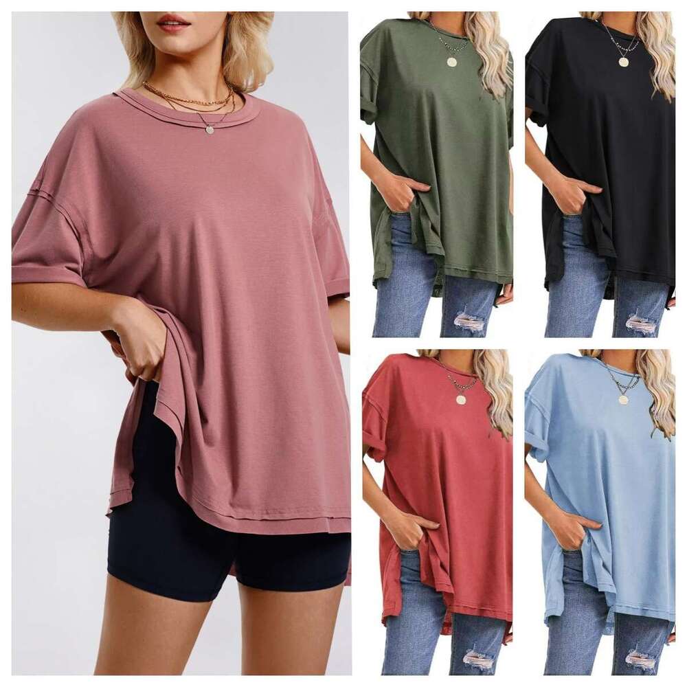 2025 Summer Women's Solid Color Cotton Round Neck Side Slit Loose T-Shirt