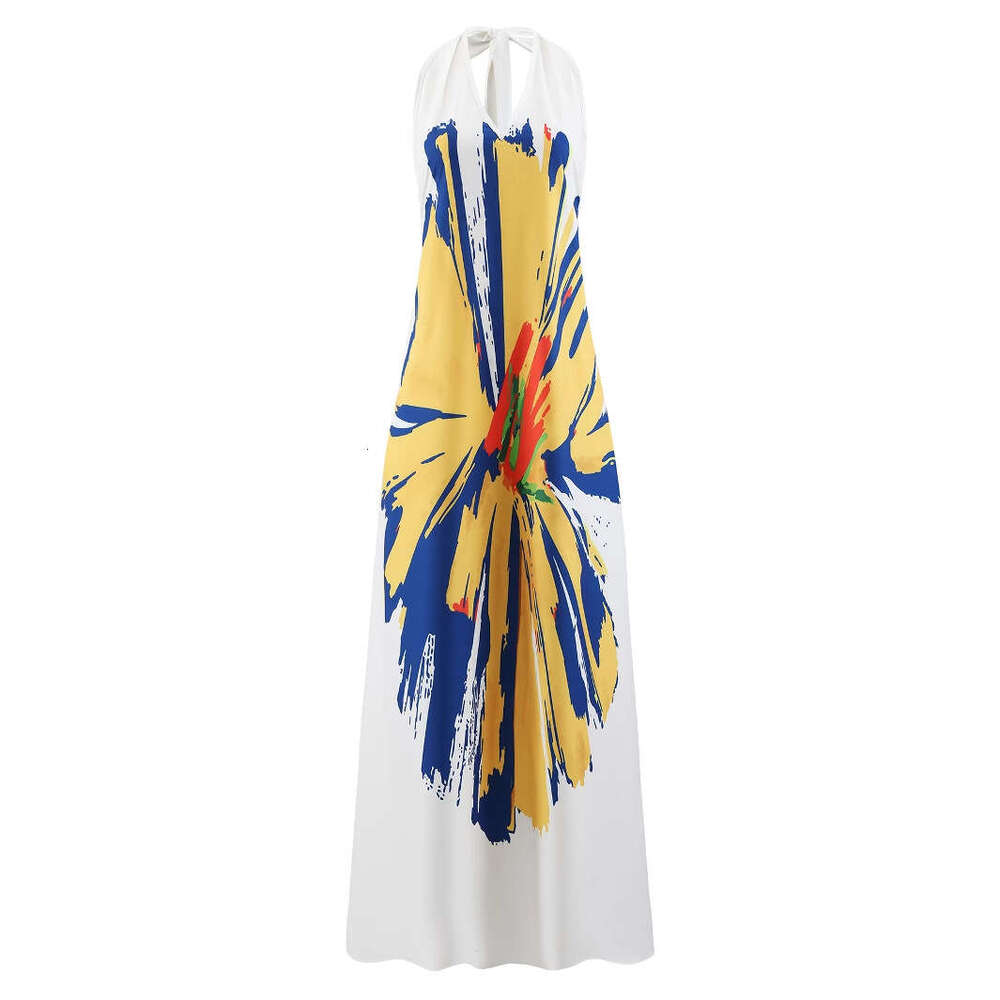 2025 Halter Neck Tie Sunflower Print Maxi Dress