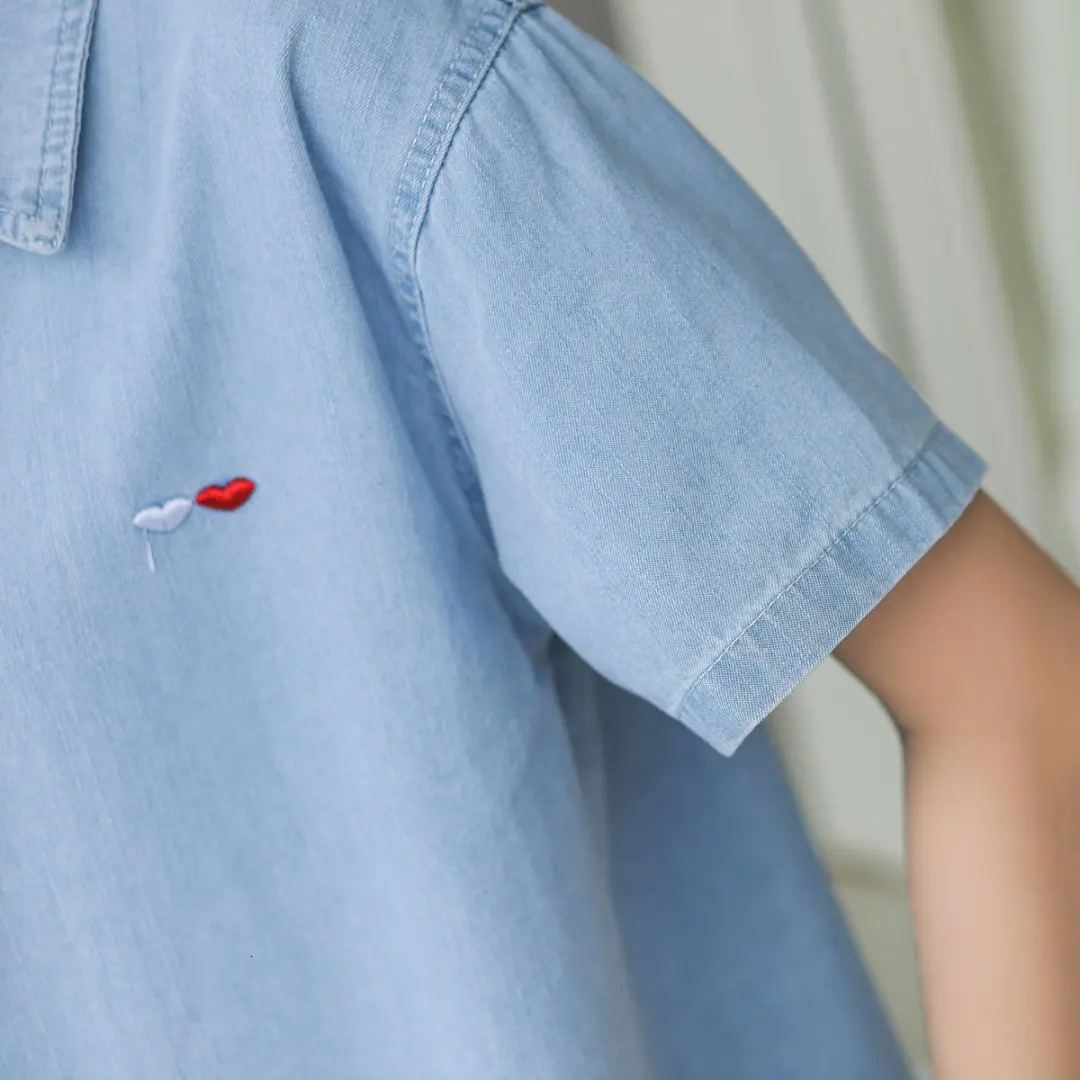 Light Blue Embroidered Love Women Jean Shirt Clothes Summer Loose Streetwear Short Sleeve Chic Denim Shirts Tops Lady 250523