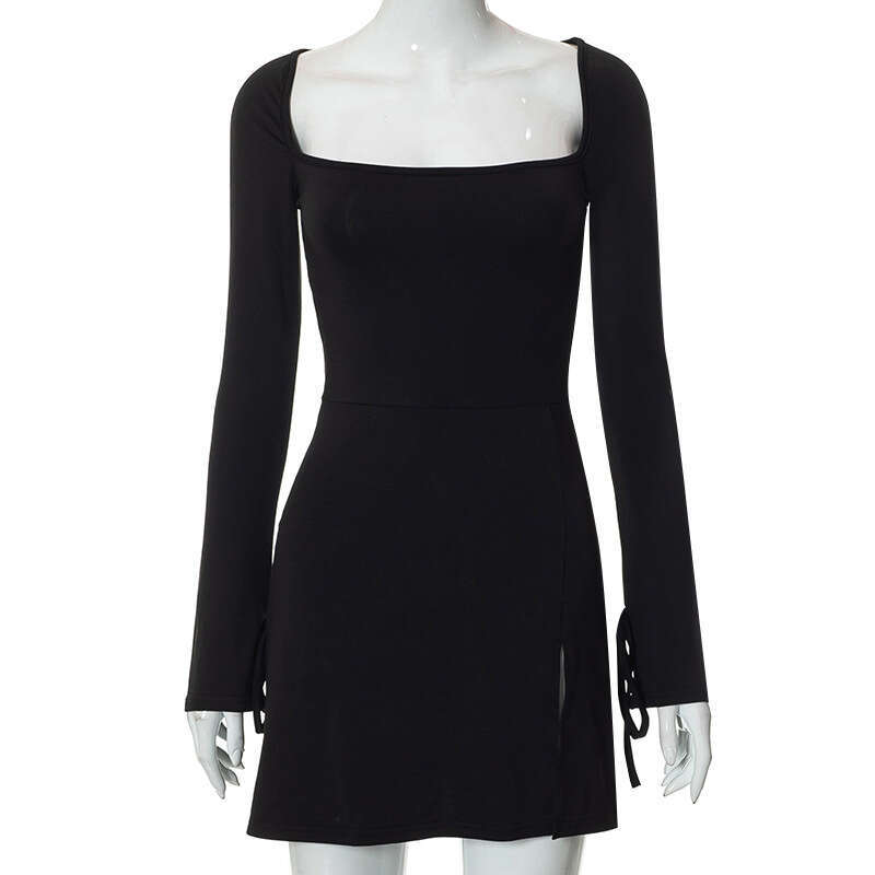 Q22DS564ins Style Women's Autumn New Square Neck Long Sleeve Slim Fit Bodycon Split French Dress