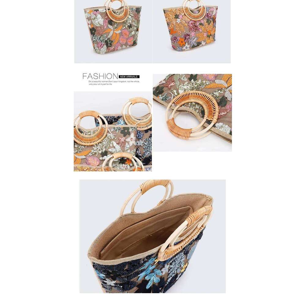 Flower Sequins Handbag Round Rattan Handle Beach Bags for Women Large Embroidery Basket Bag Travel Shopper Tote