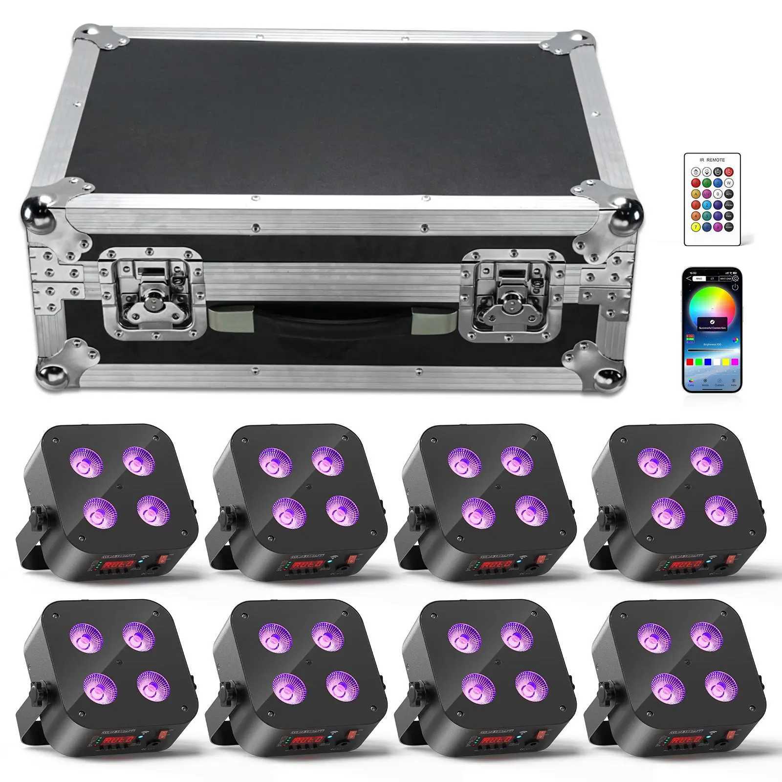 Yiflamefly 8Pcs Mini Rechargeable LED Par Lights With Airline Case 4X18W RGBWA UV Battery Powered Stage Lights Flightcase SetXJ250527