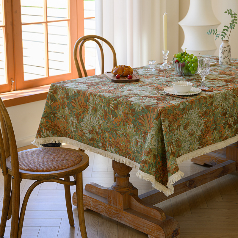 T0479 American cotton and linen tablecloth pastoral style high-end tablecloth oil painting style yarn-dyed jacquard tablecloth coffee table cover