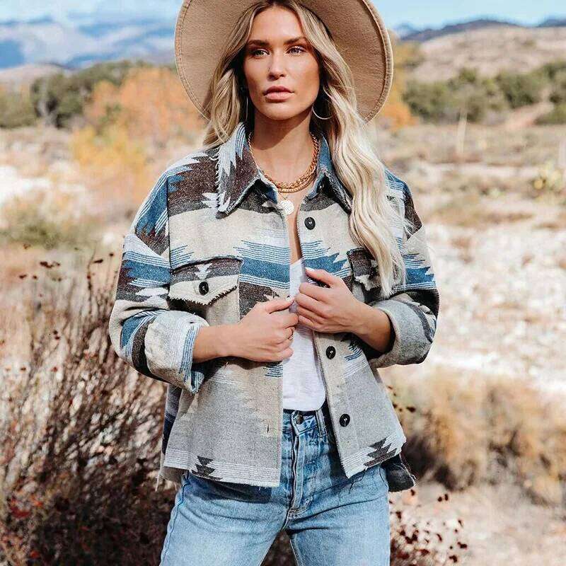 Vintage Women Splicing Loose Jacket Denim Print Aztec Retro Ethnic Style Long Sleeved Shirt Streetwear Female Goth Coat