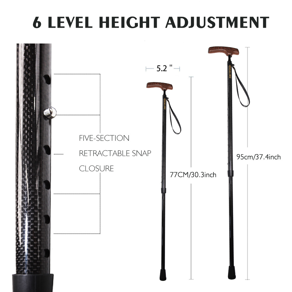 Tactile Adjusting Hiking Sticks Crafted from Premium Carbon Fibre w/ Secure Wooden Tips